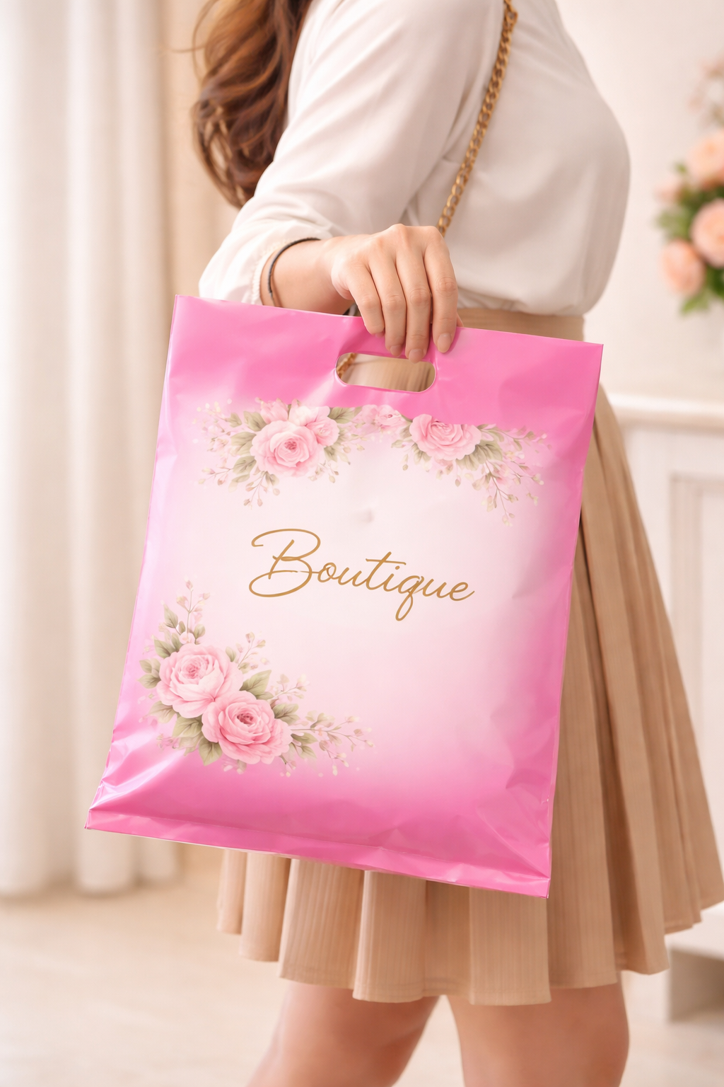 Entrega de producto en bolsa tipo boutique rosa