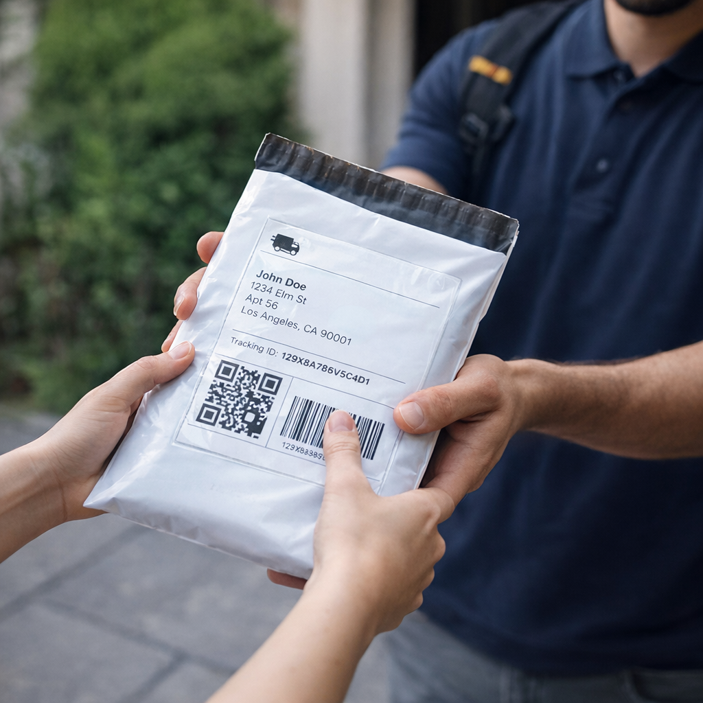 Repartidor entregando paquete en bolsa e-commerce