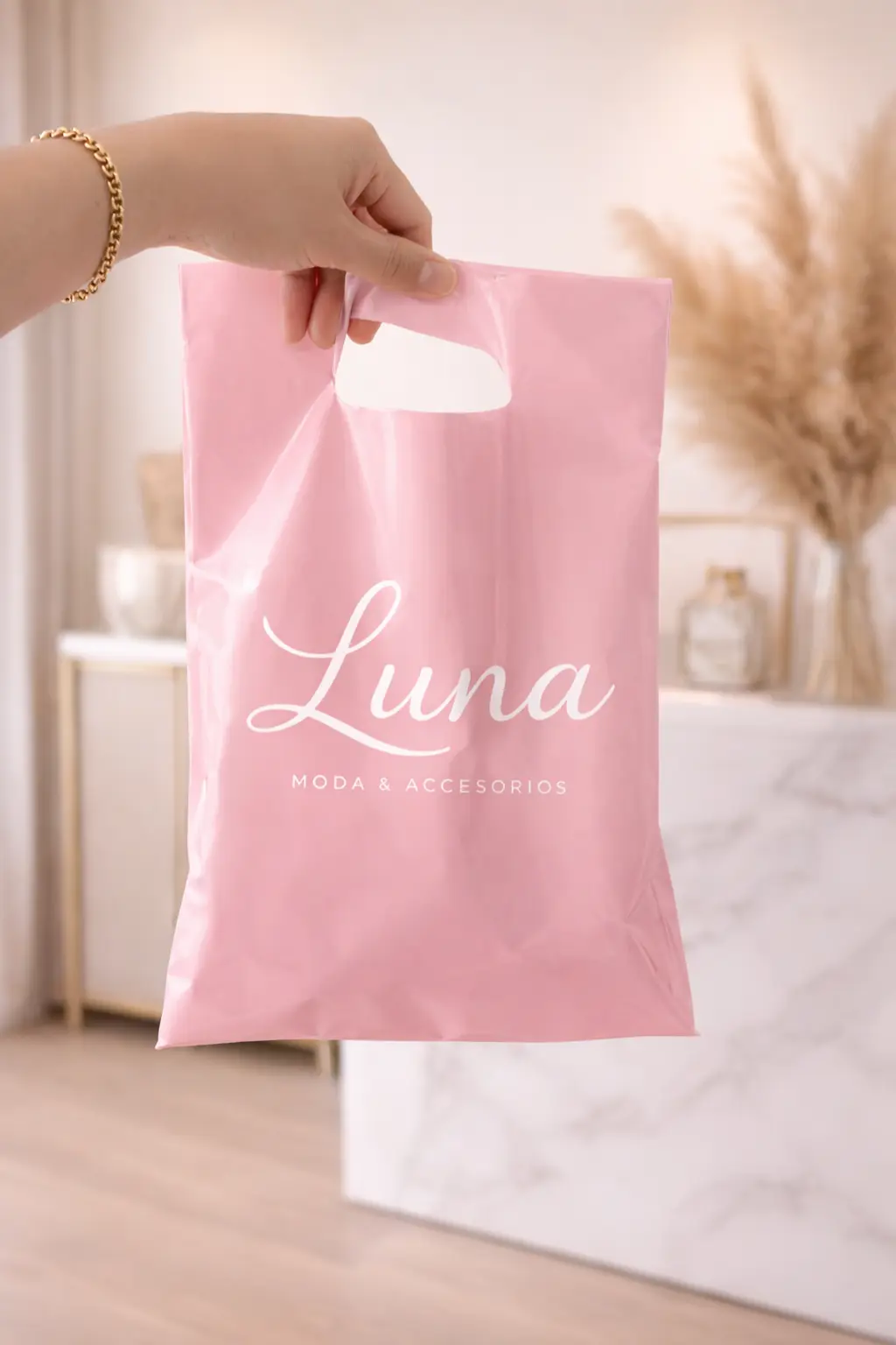 Bolsa de polietileno tipo boutique rosa pastel para tiendas premium