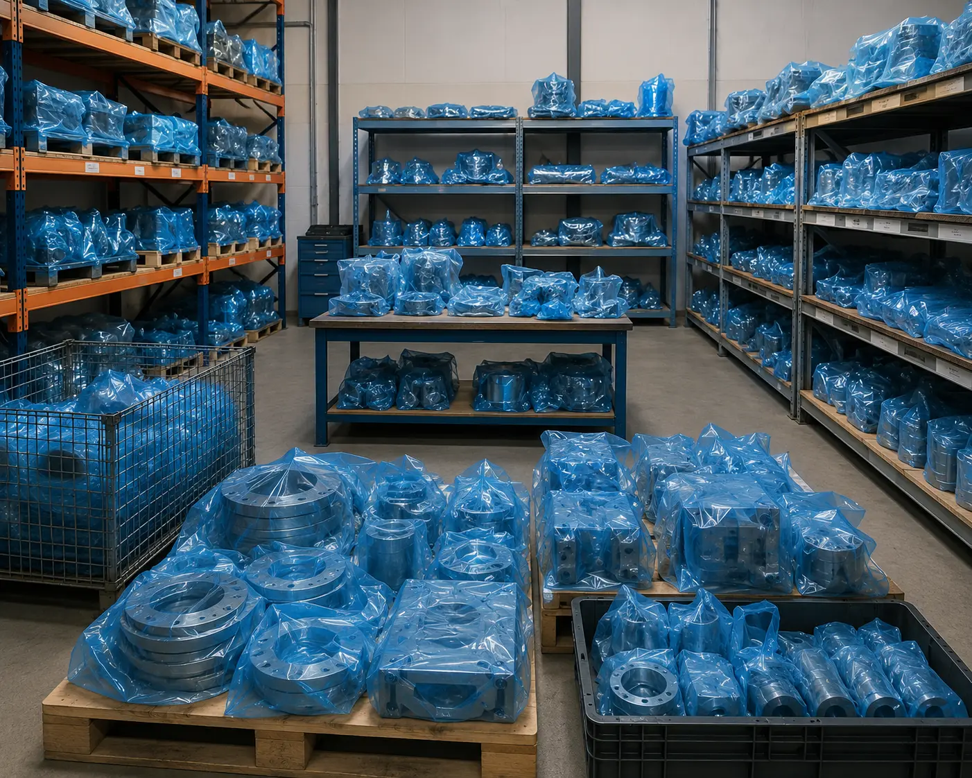 Almacén con piezas metálicas protegidas con empaques VCI anticorrosión