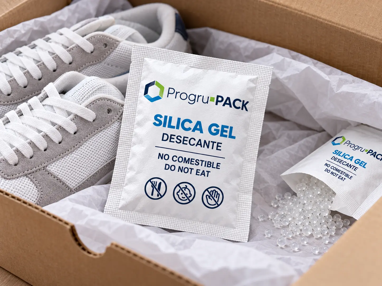 Sobres desecantes de gel de sílice para proteger calzado durante el almacenamiento